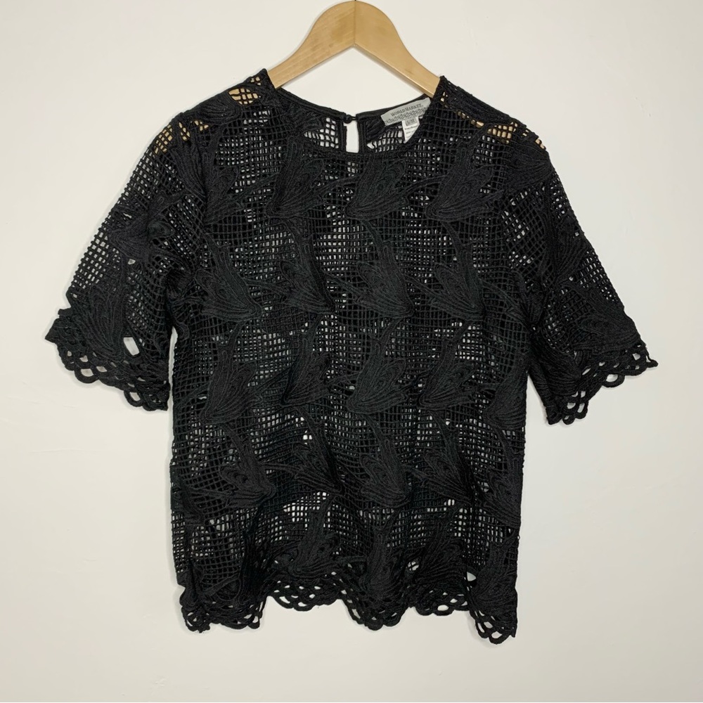 World Market Black Lace Short Sleeve Blouse Top Size: S/M